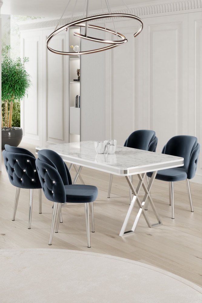 Dining Table & Chairs Set (5 Pieces) Rigel - White, Chrome, Anthracite
