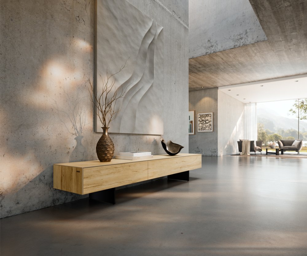 TV stolík Cuor 200 cm keramika Laminam® Sabbia dubová farba 1 výklopné