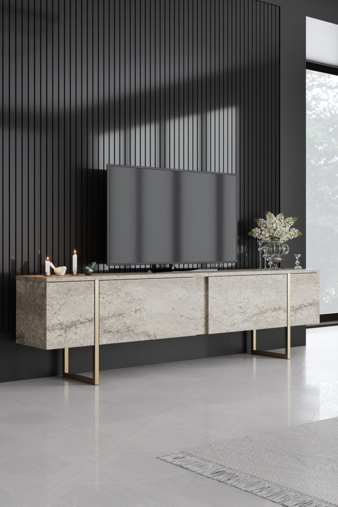 TV stolík Luxe - Travertine, Gold