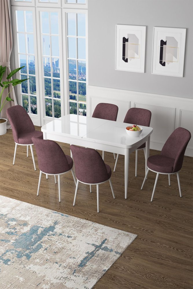 Extendable Dining Table & Chairs Set (7 Pieces) Zen - White, Dusty Rose