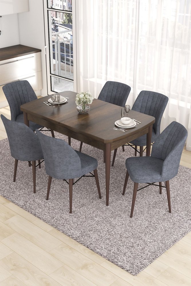 Extendable Dining Table & Chairs Set (7 Pieces) Eva - Baroque, Fume