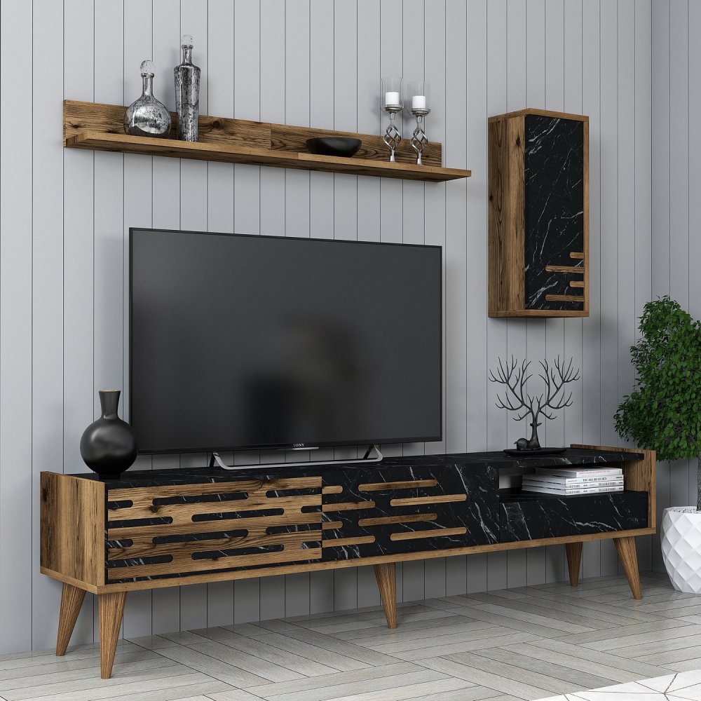 TV skrinka / Obývacia stena Valensiya - Walnut, Black, Marble