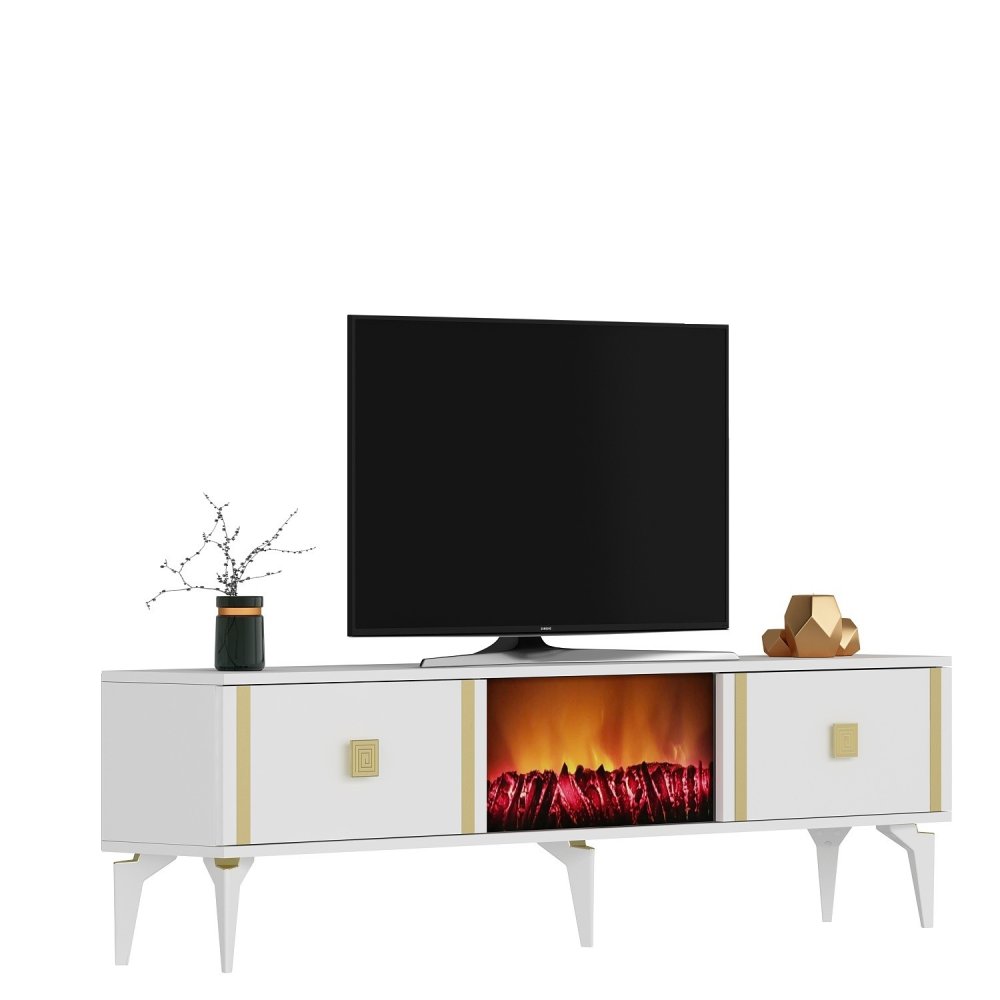 TV stolík Doruk Fireplace - White, Gold