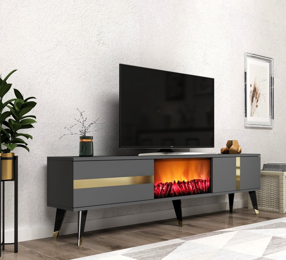 TV stolík Vania Fireplace - Anthracite, Gold