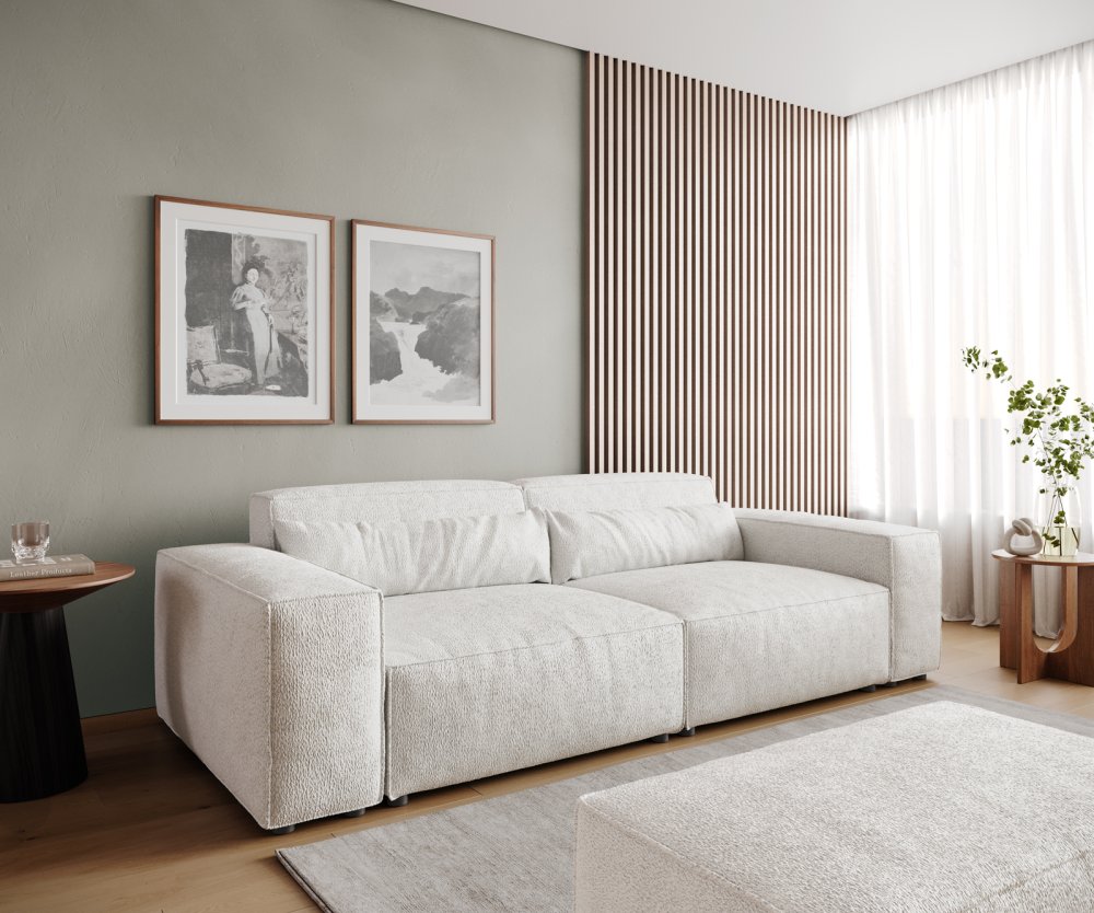 Levně Pohovka XL Sirpio 230x95 cm bouclé krémová bílá s taburetem