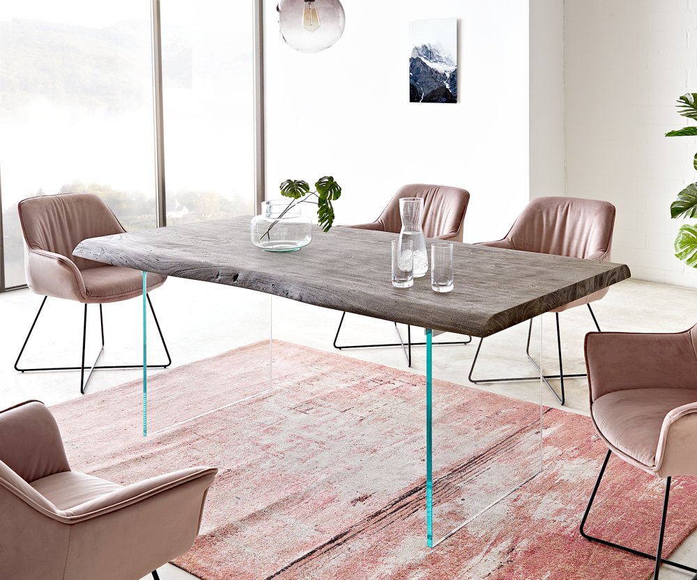 Jedálenský stôl Edge 200x100 cm XL akáciové platinové sklo