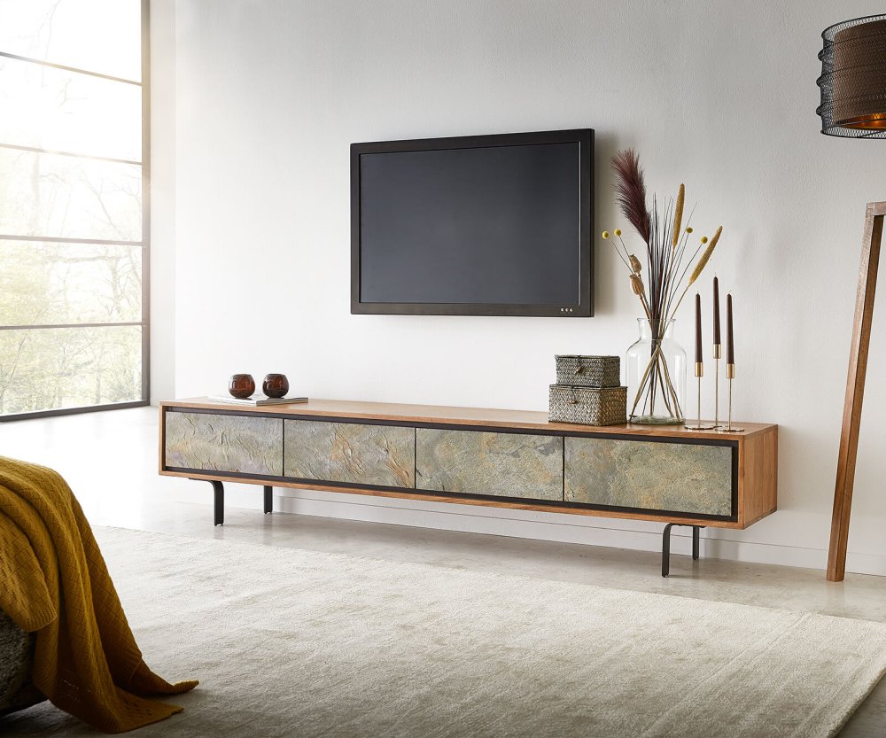 TV stolík Juwelo 200 cm prírodná akácia s kamennou dyhou 4 dvierka