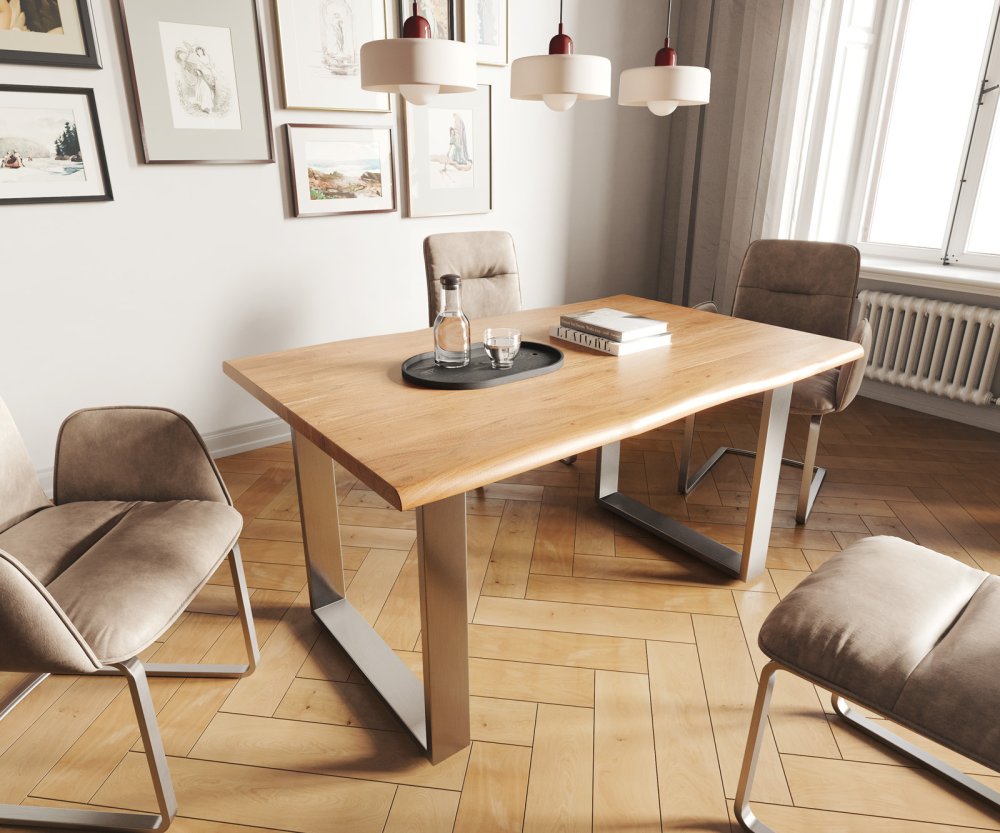 Jedálenský stôl Edge 140x90 prírodná akácia nerezová oceľ úzka podnož