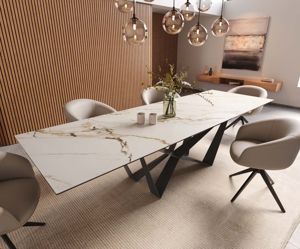 Jedálenský stôl Edge 300x100 keramický Calacatta Luxe bielo-zlato-šedý