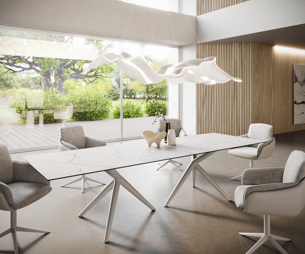 Hranatý jedálenský stôl 300x100 keramický Laminam®Statuarietto biely