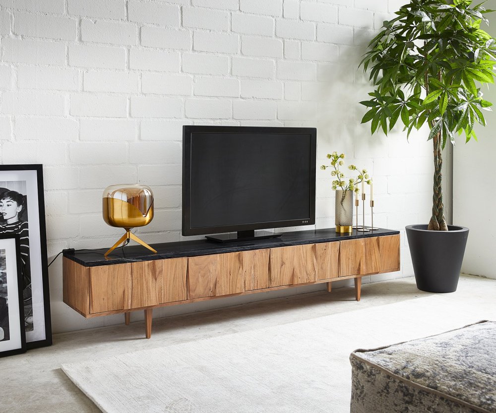 TV stolík Shia 200 cm prírodný akáciový mramor čierny 4 dvierka