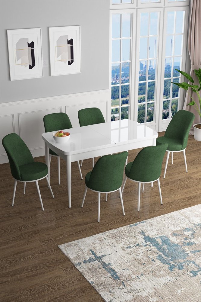Extendable Dining Table & Chairs Set (7 Pieces) Han - White, Khaki