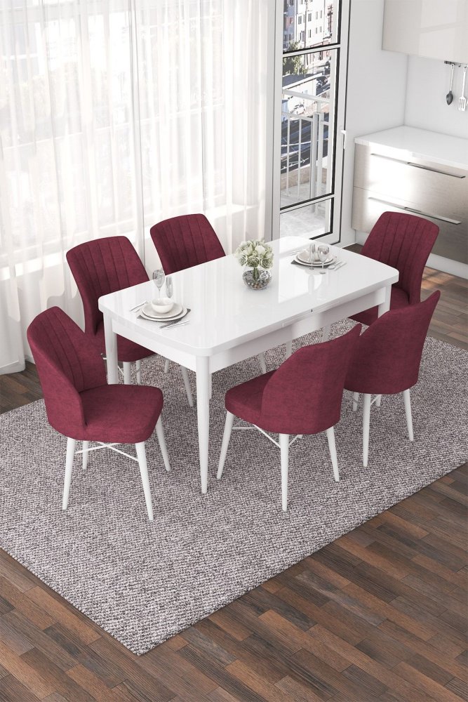 Extendable Dining Table & Chairs Set (7 Pieces) Nef - White, Burgundy