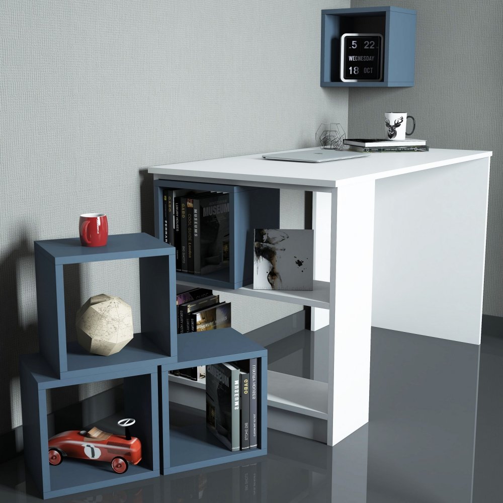 Psací stůl s knihovnou Box - White, Blue (obrázek 5)