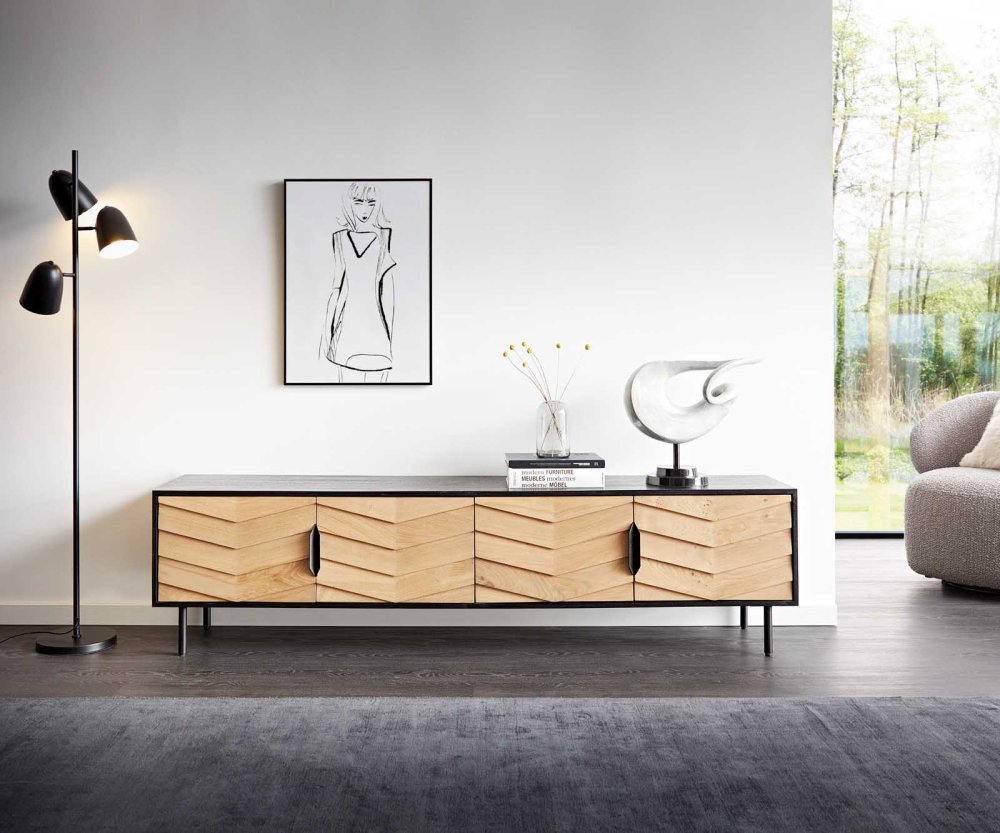TV stolík Muvi 200 cm dub prírodný mango čierny kov čierny 4 dvierka