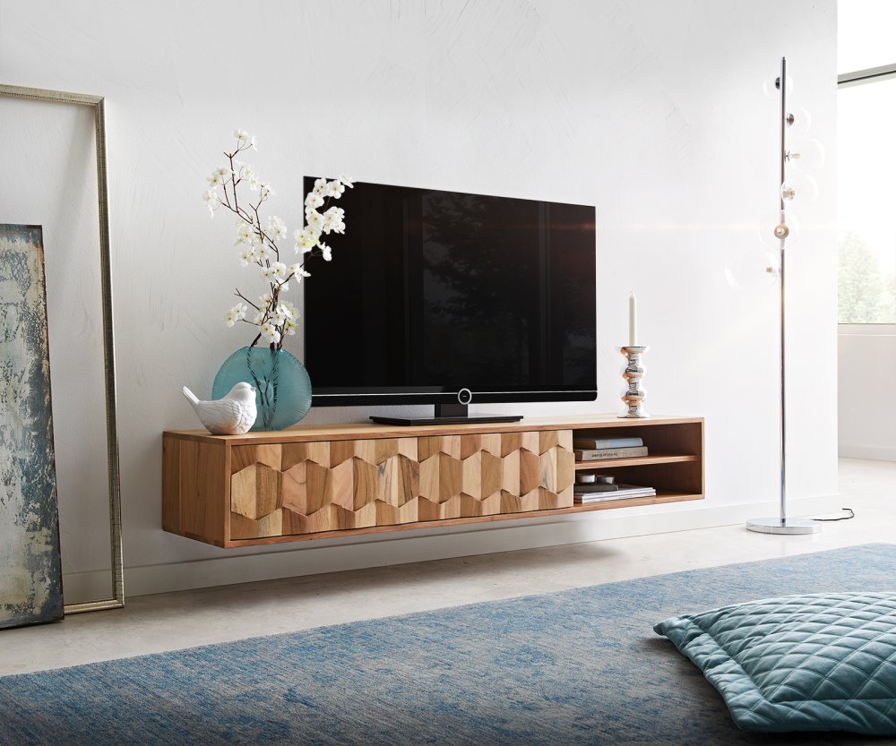 TV stolík Fevo 160 cm akácia prírodná 2 dvierka závesné