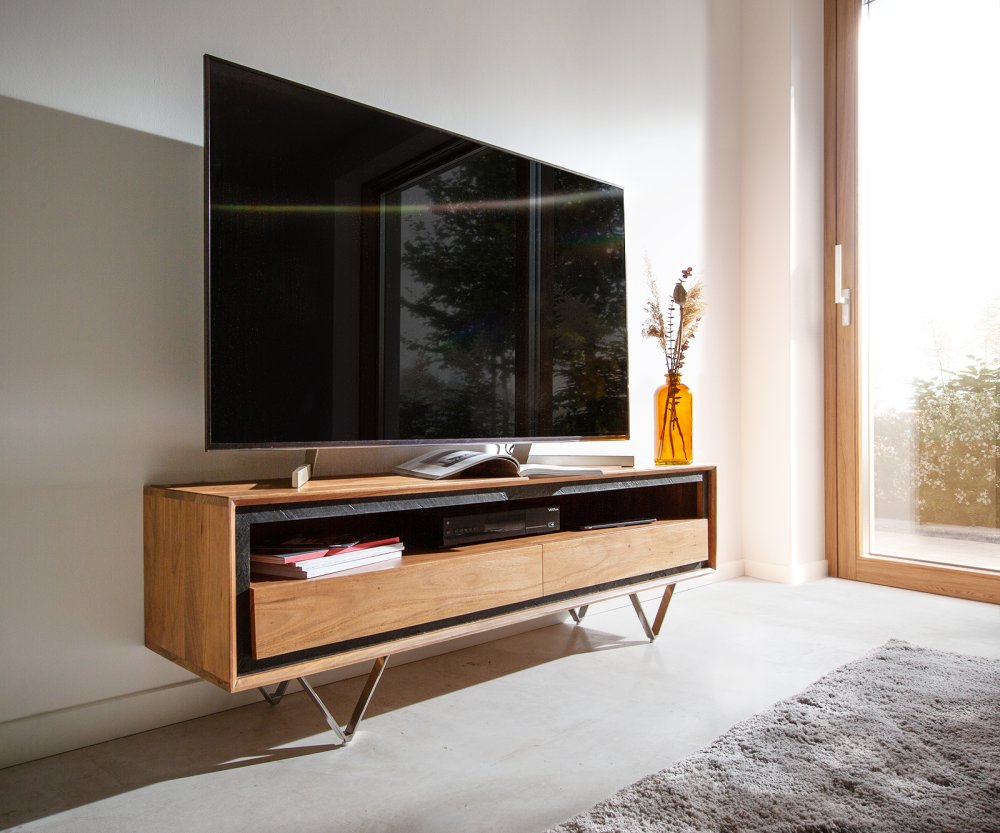 TV stolík Stonegrace 145 cm akácia prírodná 1 priehradka 2 zásuvky
