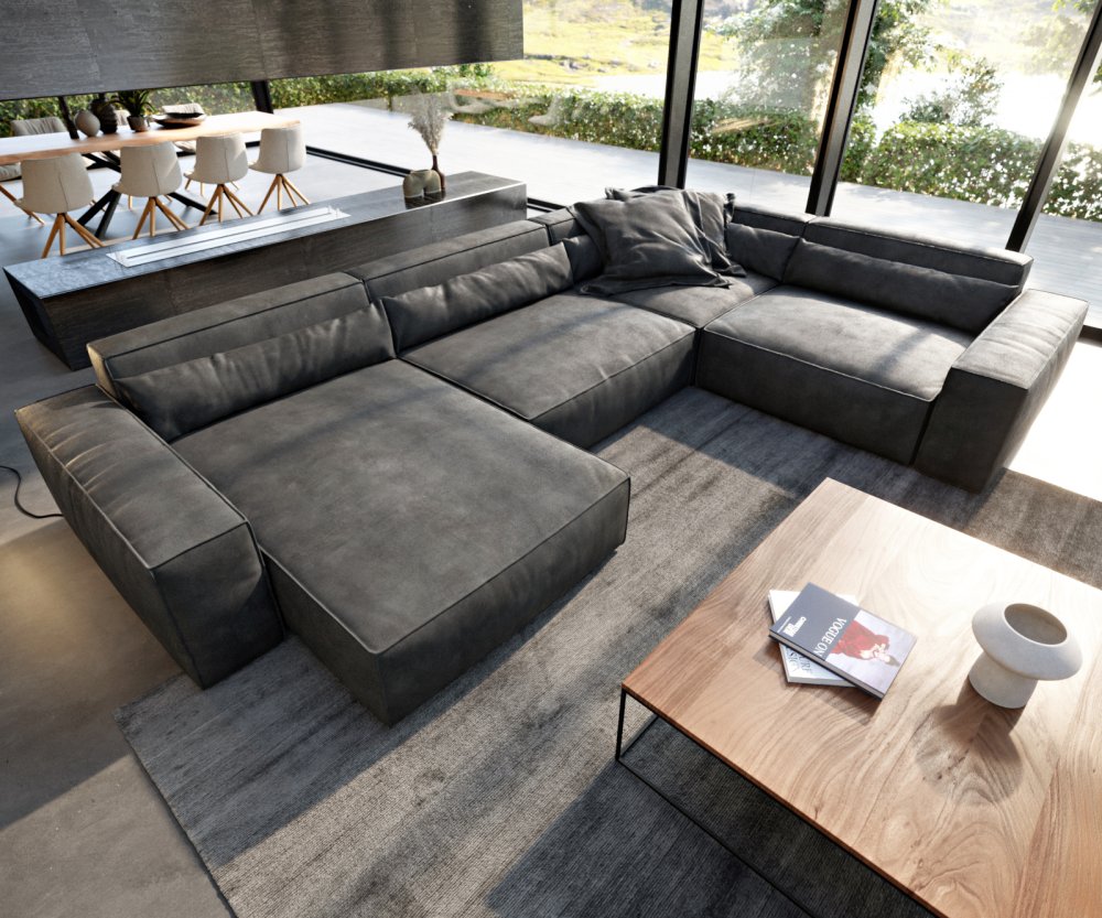 Pohovka v tvare U Sirpio XL 360x260 cm imitácia kože vintage antracit