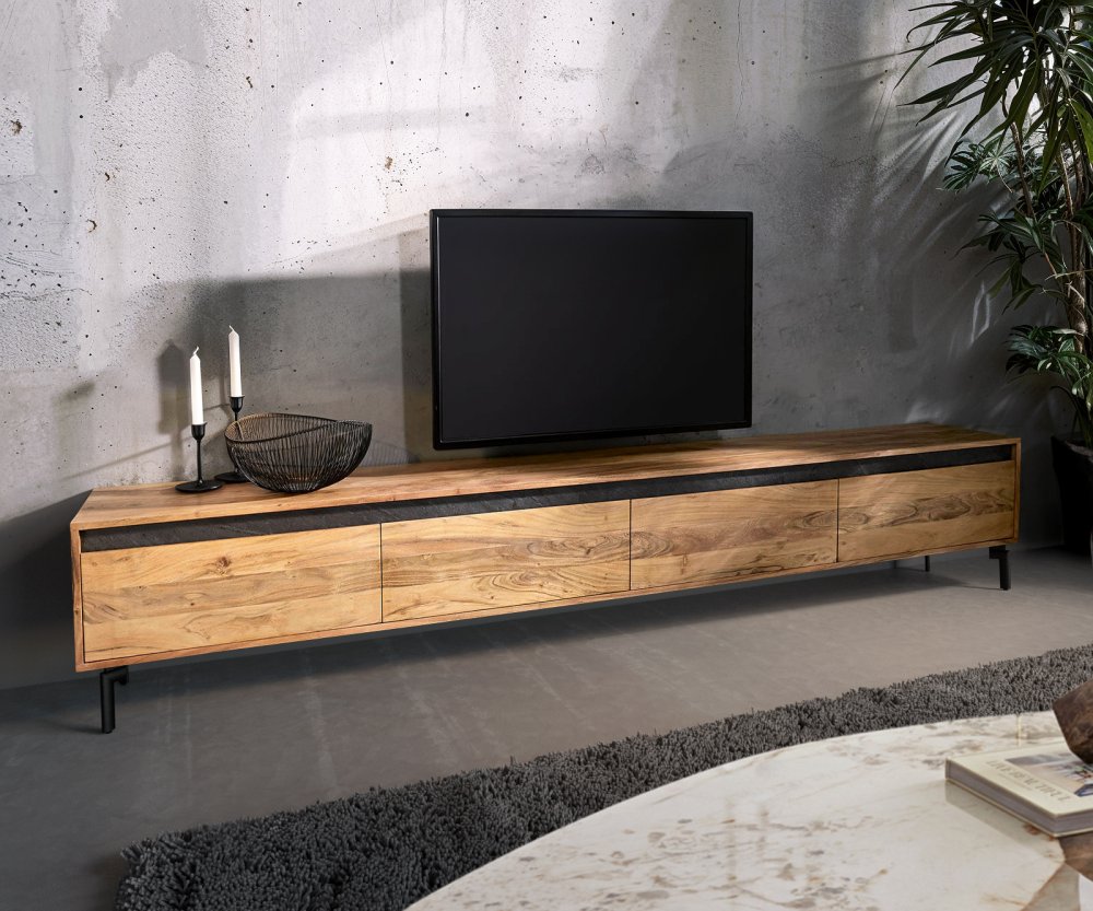 TV stolík Stonegrace 240 cm prírodná akácia 4 dvierka podstavec oválny