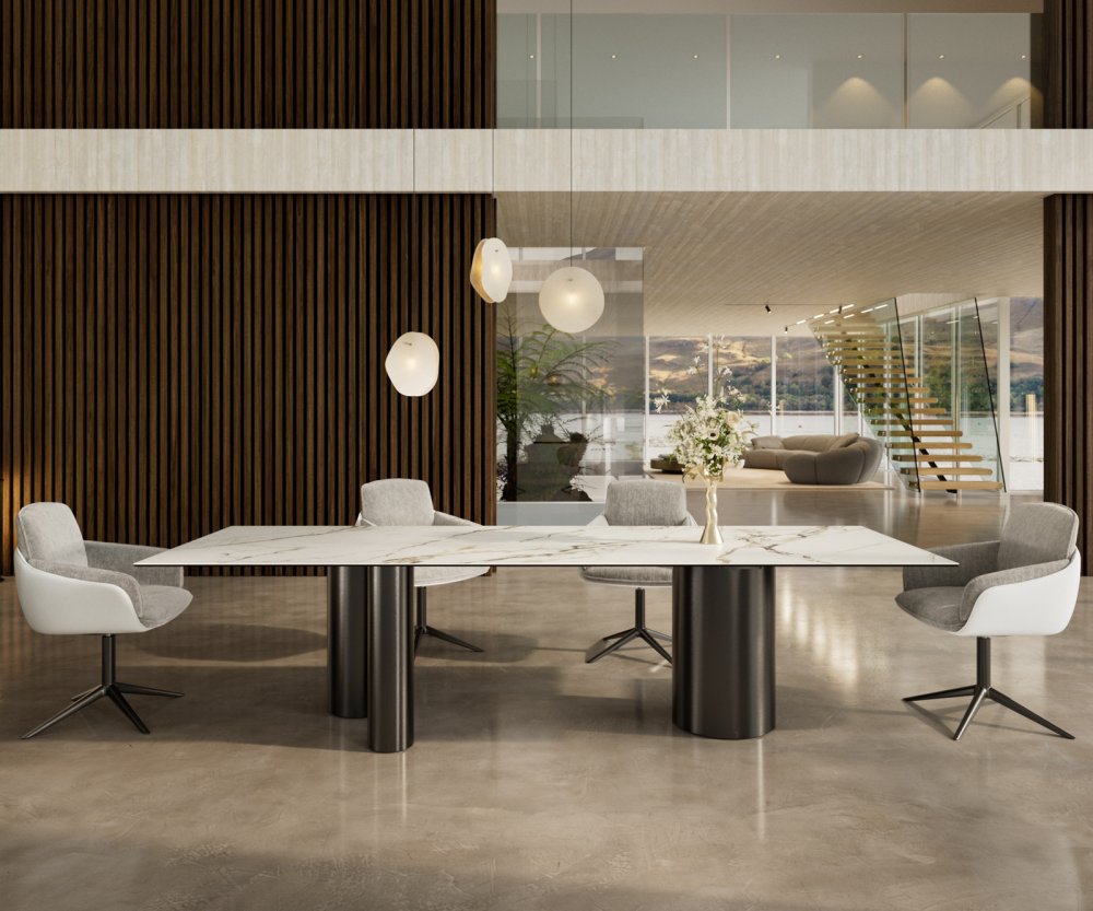 Jedálenský stôl Edge 300x100 keramický Calacatta Luxe bielo-zlato-šedý