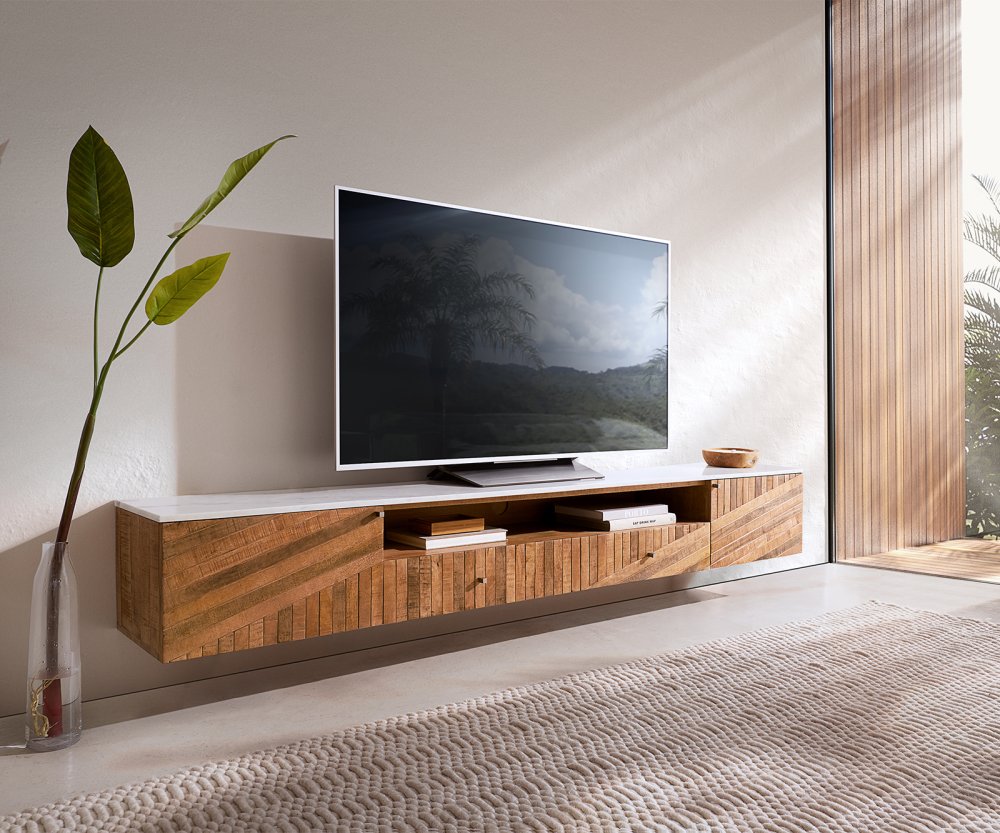 TV stolík Bahan 220 cm mango teak 2 dvierka 2 zásuvky 1 priehradka