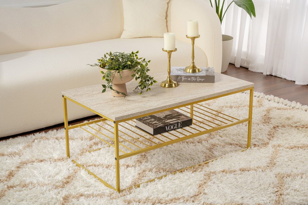 Konferenčný stolík Asude - Gold, Travertine