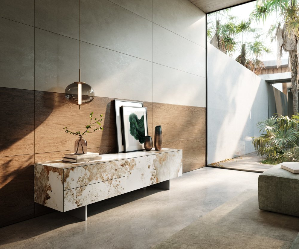 TV stolík Cuor 180 cm keramika Minas Melange bielo-béžová 1 výklopné