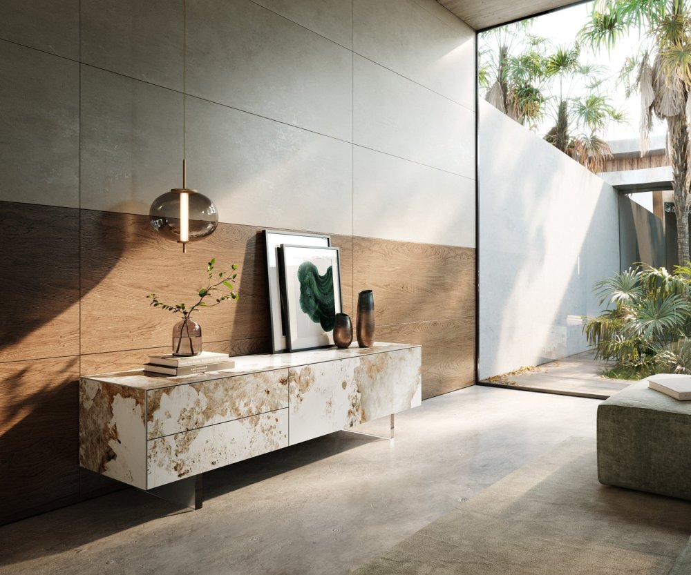 TV stolík Cuor 180 cm keramika Minas Melange bielo-béžová 1 výklopné