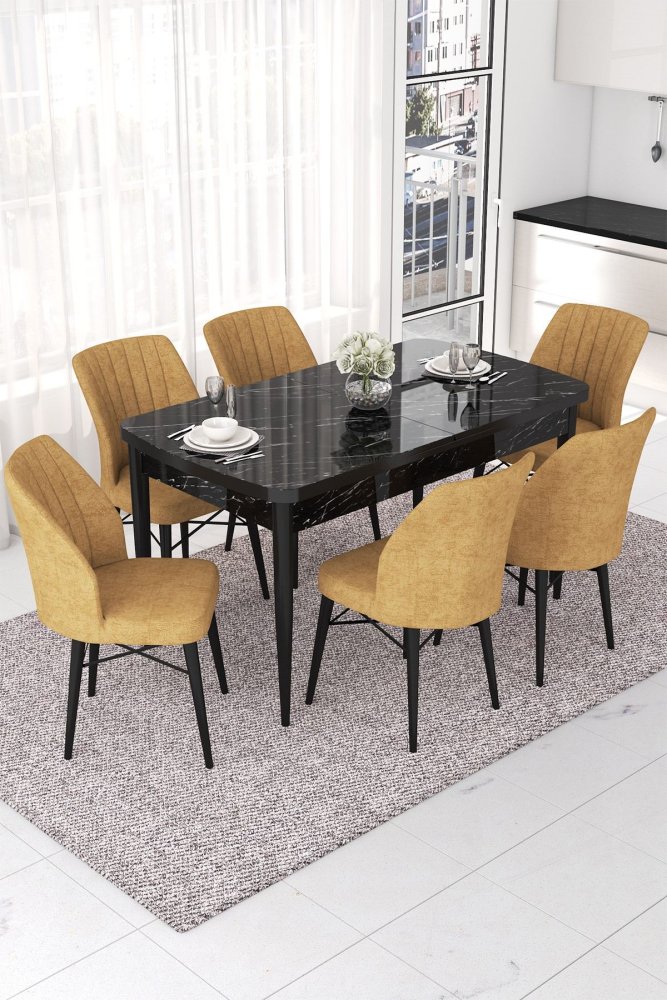Extendable Dining Table & Chairs Set (7 Pieces) Nef - Black Marble, Cappuccino