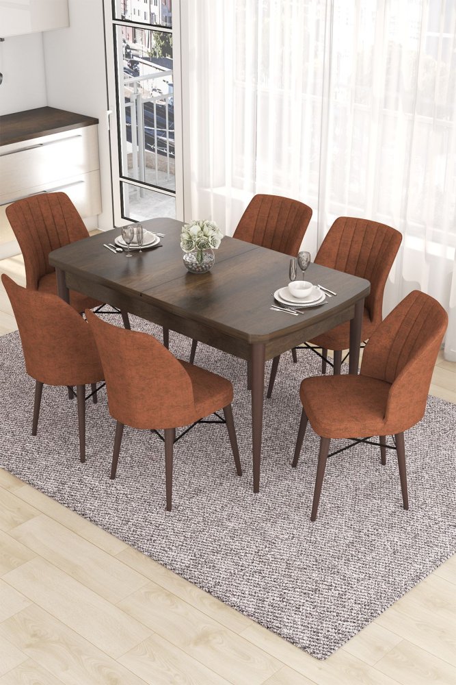 Extendable Dining Table & Chairs Set (7 Pieces) Eva - Baroque, Tile Red