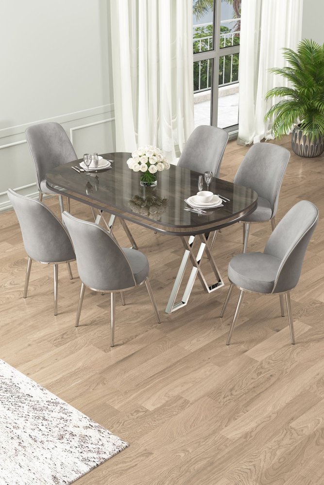 Dining Table & Chairs Set (7 Pieces) Lai - Anthracite, Chrome, Grey