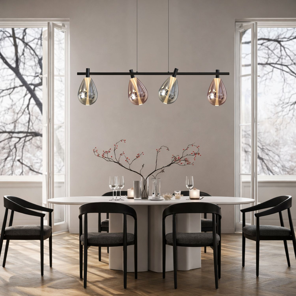Lampa wisząca Denso szklana czarna nad stół potrójna z kloszami dymionymi i miedzianymi