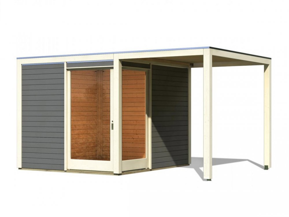E-shop Drevený záhradný domček s prístavkom 502 x 304 cm Dekorhome Sivá