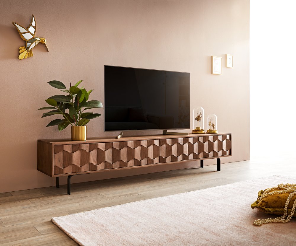 TV stolík Fevo 200 cm akáciová hnedá 4 dvierka podstavec v tvare L