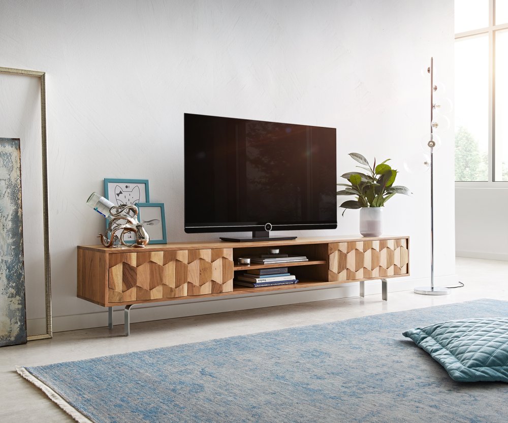 TV stolek Fevo 200 cm akácie přírodní 2 dvířka podnož ve tvaru
