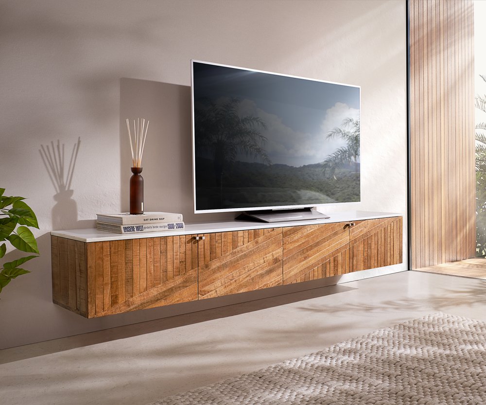 TV stolík Bahan 200 cm teakové mango 4 dvierka mramor biely závesný
