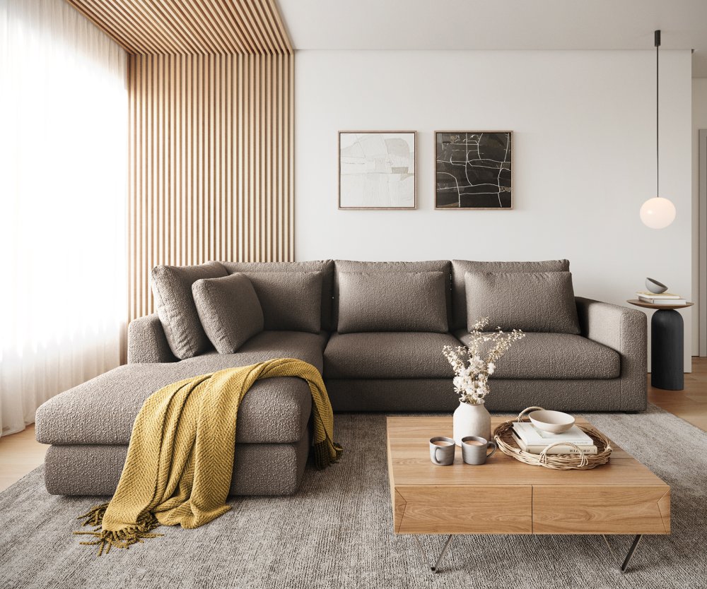 Rohová pohovka Isla 330x225 cm bouclé taupe levá