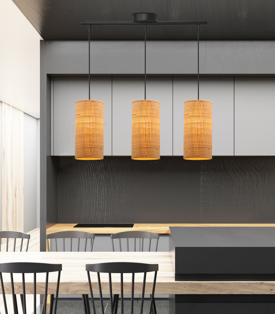 Závesná lampa Fleri čierna 3x60 e27 tienidlo 12x25 béžový ratan