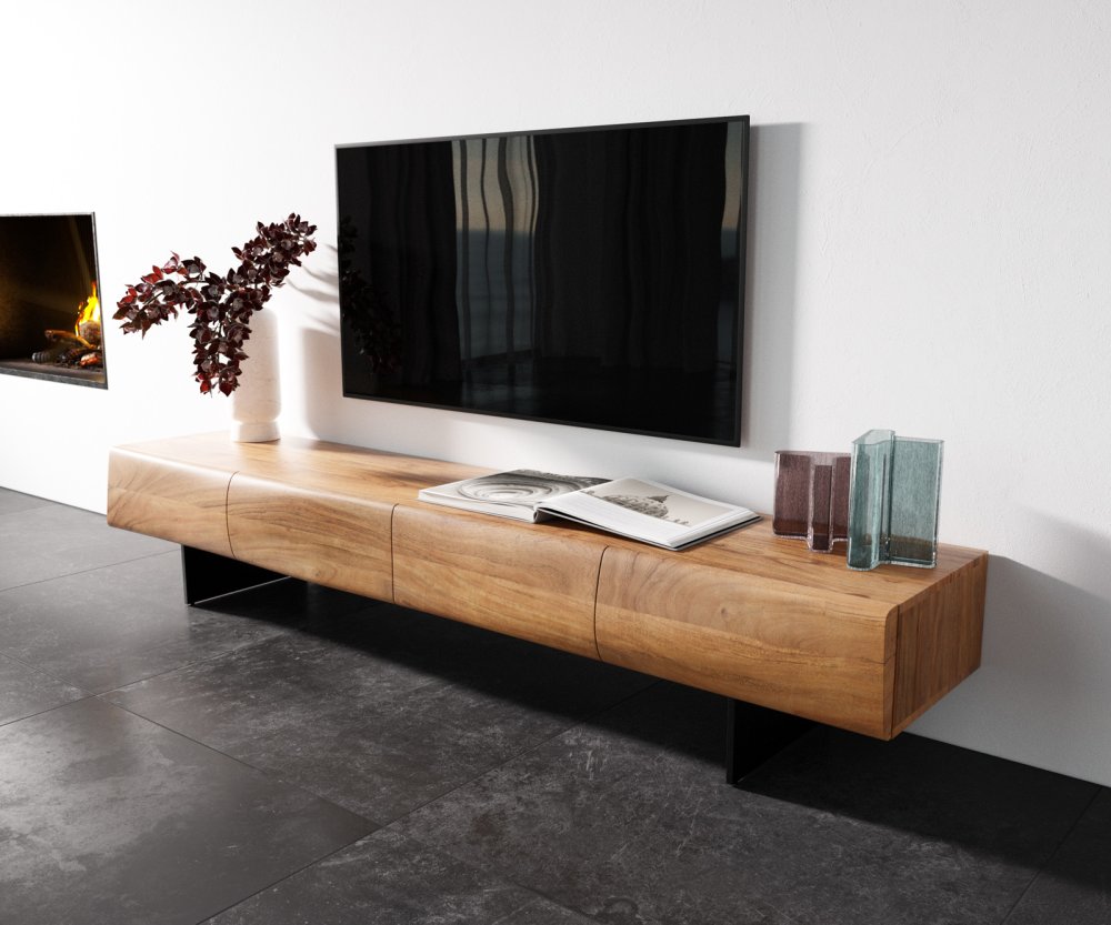 Nízka doska New Live-Edge 200 cm prírodná akácia 4 dvierka základňa