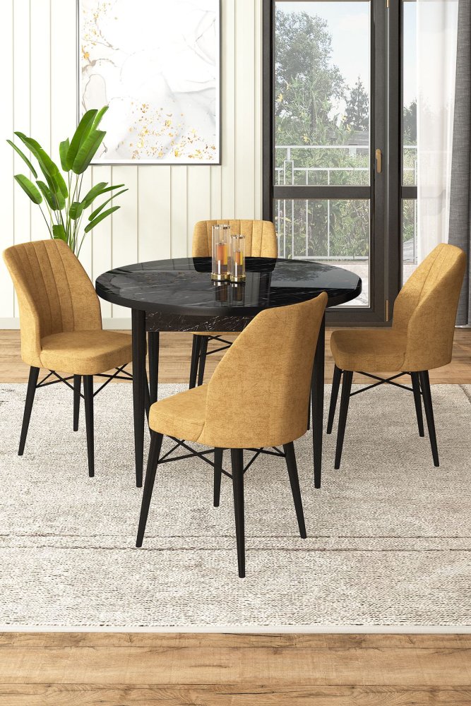 Dining Table & Chairs Set (5 Pieces) Rox - Black Marble, Cappuccino