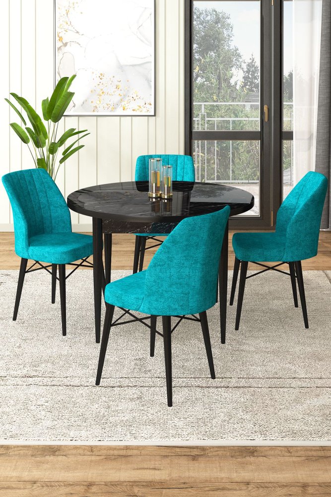 Dining Table & Chairs Set (5 Pieces) Rox - Black Marble, Turquoise