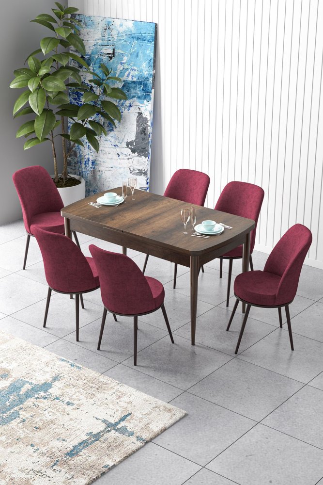 Extendable Dining Table & Chairs Set (7 Pieces) Zen - Baroque, Burgundy