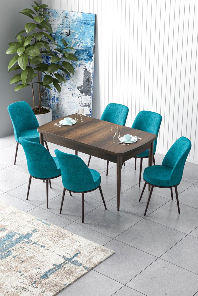 Extendable Dining Table & Chairs Set (7 Pieces) Zen - Baroque, Turquoise