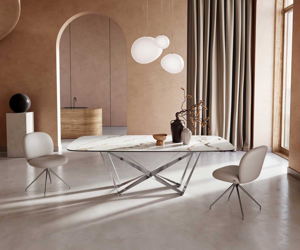 Jedálenský stôl Edge oválny 240x120 keramický Calacatta Luxe bielo