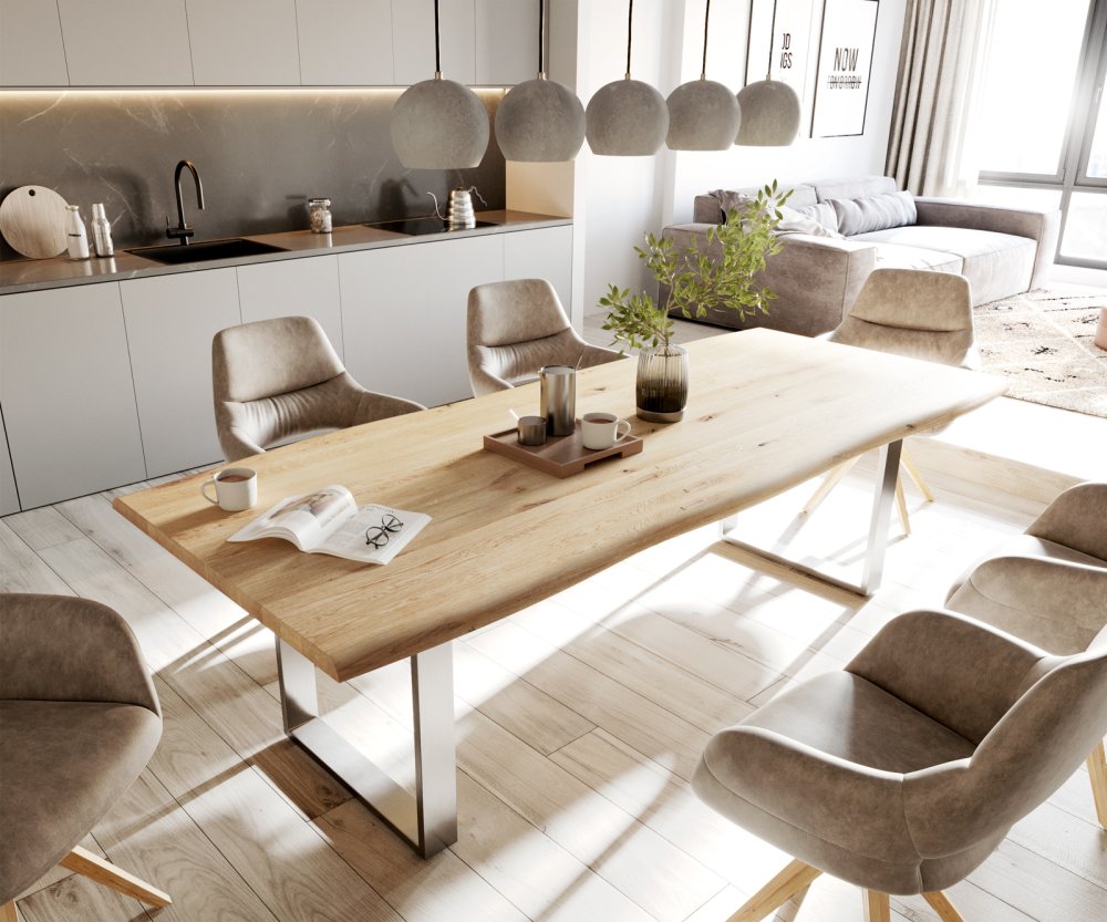 Jedálenský stôl Edge 200x100 cm prírodný dub nerezová oceľ úzka šatňa-