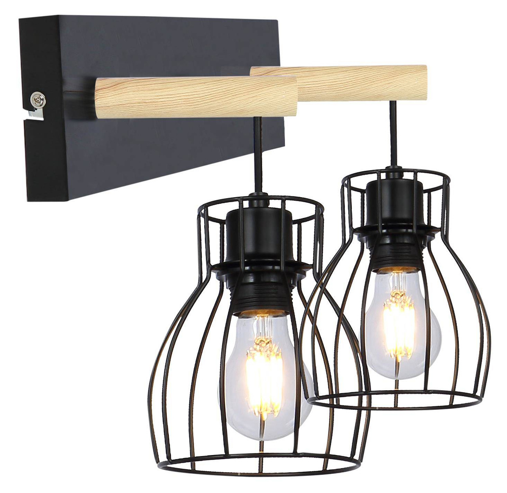 Nástěnná lampa s dvojitým stínidlem, koš, černá/dřevěná, E27 Bernita