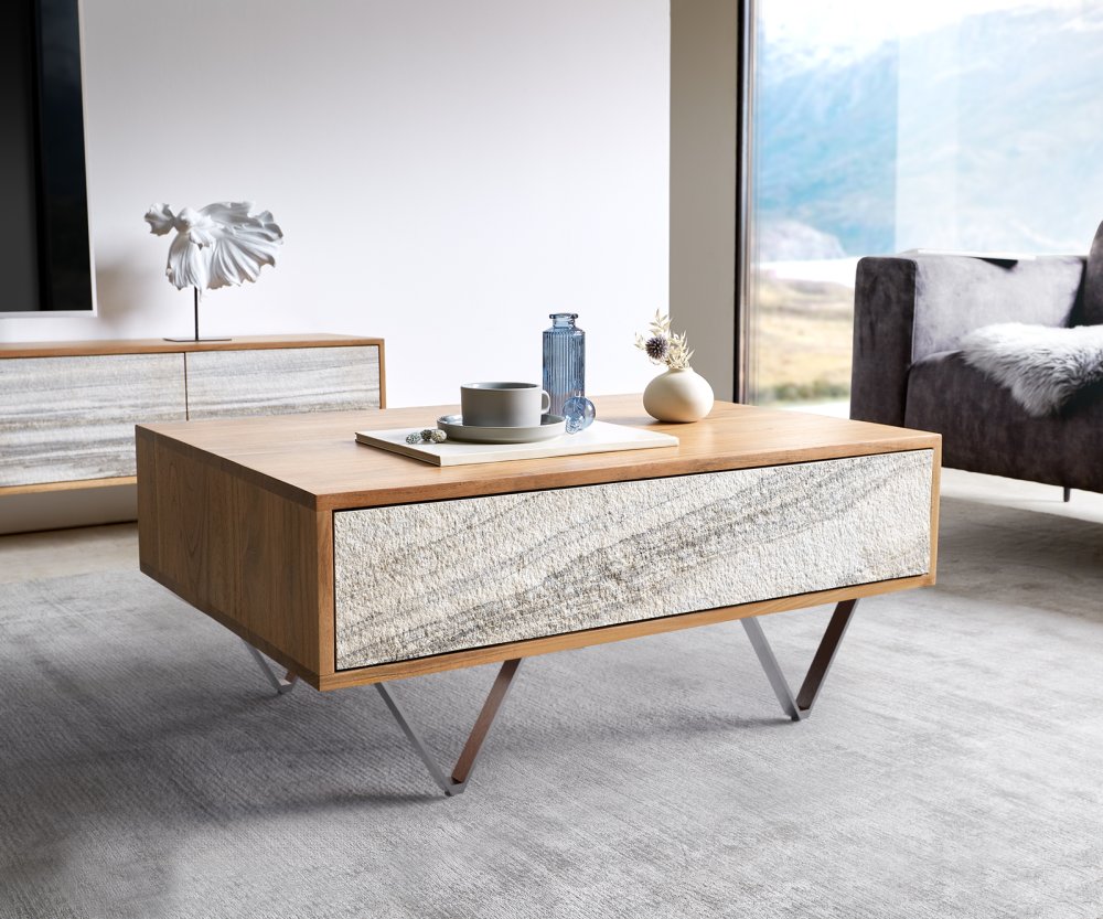 Konferenční stolek Kleo 80x60 cm přírodní akácie 2 zásuvky