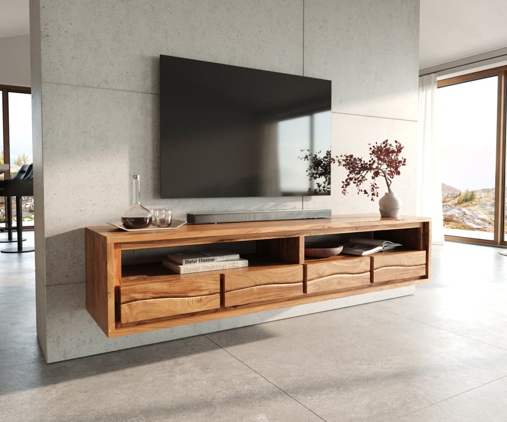 TV stolík Live-Edge 190 cm akácia prírodná 4 zásuvky nástenný