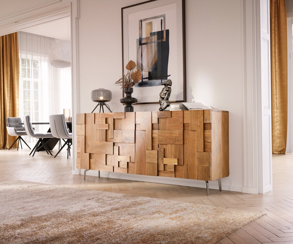 Komoda Puzzle 175 cm prírodná akácia 3 dvierka šikmé dno nerezová oceľ
