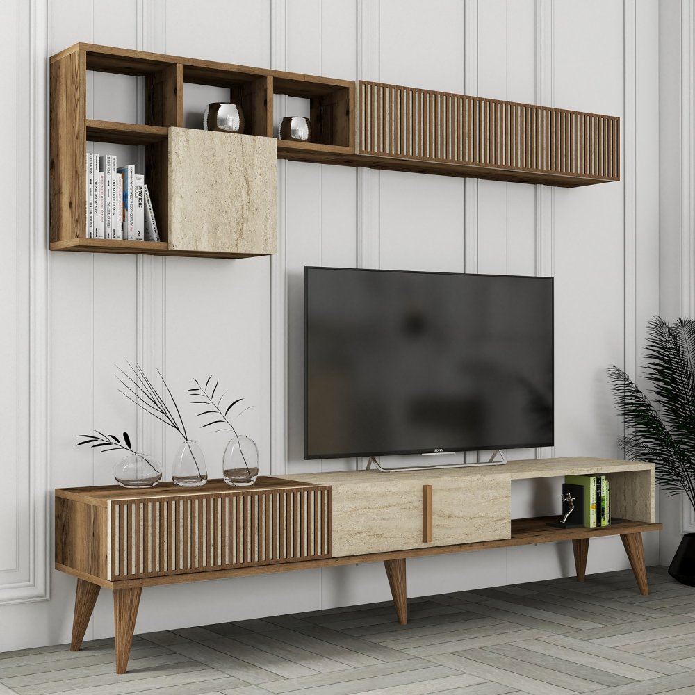 TV skrinka / Obývacia stena Milan - Walnut, Travertine
